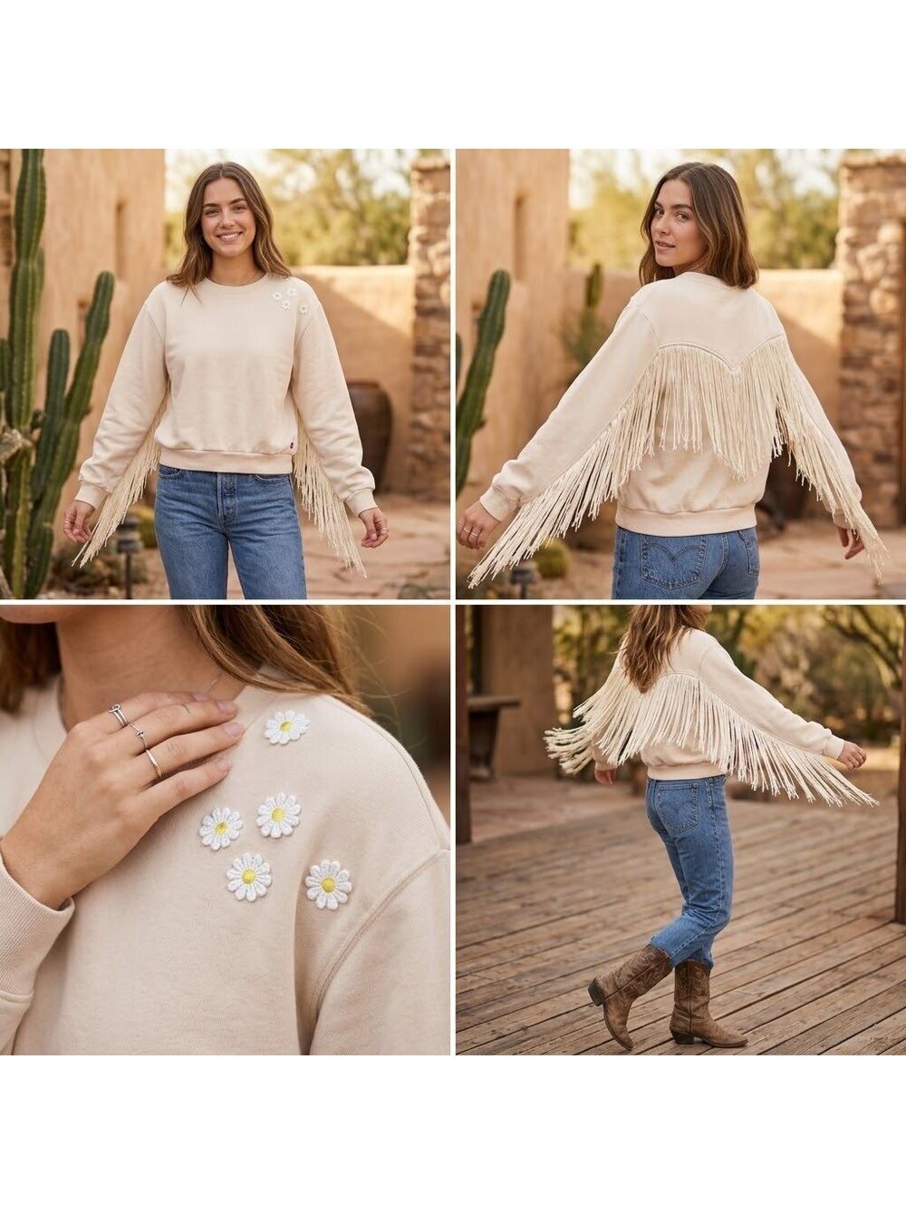 Levi's Beige Crewneck Sweatshirt with Fringe and Daisy Embellishments, Size XS